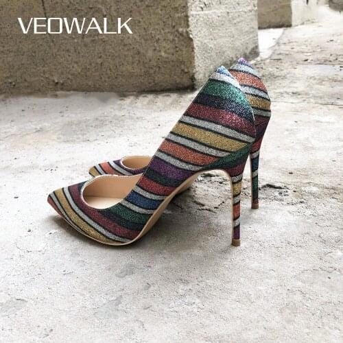 Veowalk Colorful Stripe Women High Heels Sexy Ladies Pointed Toe Slip On Stiletto Pumps Woman Shiny Night Club Party Dress Shoes