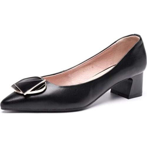 Autuspin Office Womens Black Pumps Fashion Solid Color Flowers Decoration Square Heels Shoes Woman Concise Comfortable Pump