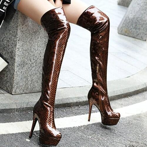 2021 Spring Autumn New Fashion Over The Knee Boots Ladies Platform Sexy Stiletto Heels Female Snake Pattern Winter Zipper Boots