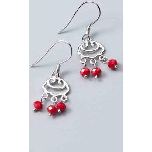 MloveAcc Genuine 100% 925 Sterling Silver Ethnic Longevity Lock Drop Earrings Reb Crystal Beads for Women Silver Earrings