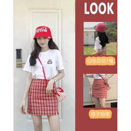 Girly Suit Female Summer Two-piece White Print Short Sleeve + Red and White Plaid Skirt