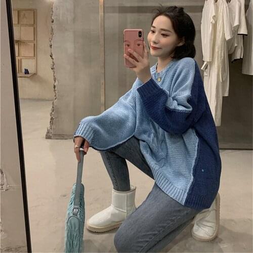 Winter Languid is Lazy Style Contrast Color Knit Coat Loose Sweater Pullover Show Temperament Postoral Retro Sweet