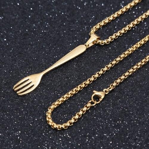 Gold tone Holiday Crown Cutlery Fork Necklace stainless steel Charm Pendant Necklaces Vintage Jewelry for Chef Gift