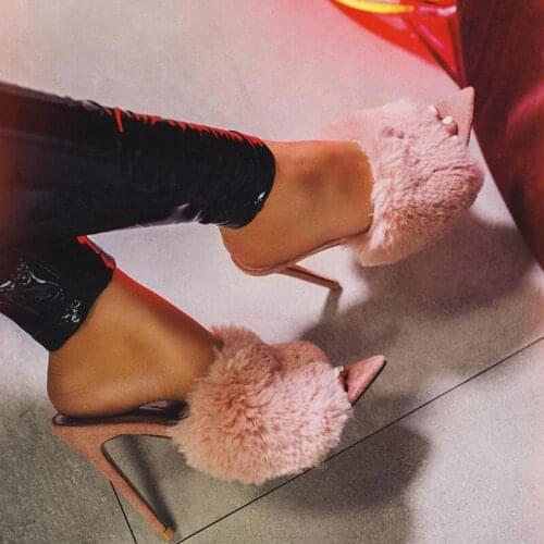 2019 New European Station Sandals Candy Color Luxury Rabbit Fur Slippers Large Women Shoes Size 35-43 High Heel Sandals