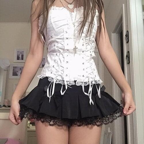Black Mall Goth Aesthetic Pleated Skirts cosplay Women Lace Trim Low Waist EGirl Mini Skirt Steampunk Dark Academia Y2K Dance