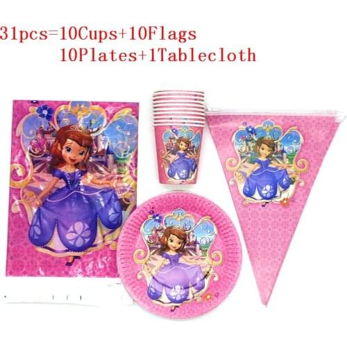 Sofia Princess Design Girls Kids Birthday Party Decorations Paper Cups Plates Flags Baby Shower Disposable Tableware Supplies
