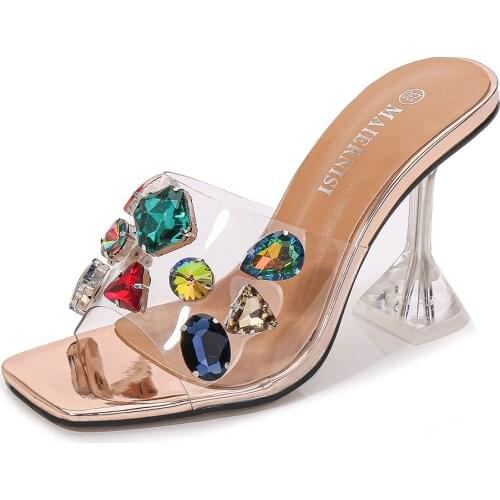 Firowe Women Transparent Clear Slipper Summer High Heels Rhinestone Slippers fashion shoes sandalias de verano para mujer playa