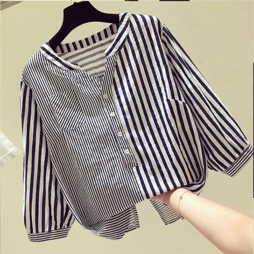 Cotton Striped Women Shirts Summer New 2021 Casual All Match Lantern Sleeved V-Neck Slim Female Outwear Tops