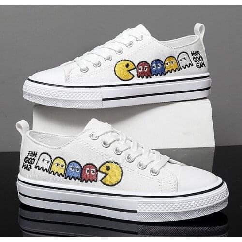 Hot sale Anime White Canvas Shoes Men Casual Black Low Flat Mens Vulcanized Shoes Embroidery Print Teen Canvas Sneakers Male