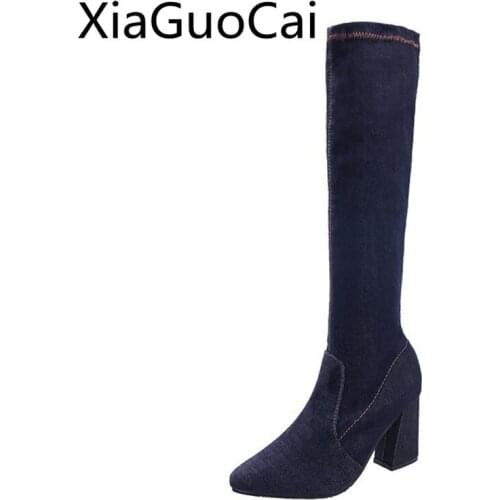 Hot Sale Fashion Women Cowboy Boots Stretch Leather Over Slip-on High Heels Boots Sexy Ladies Side Zipper High Heels Long Boots