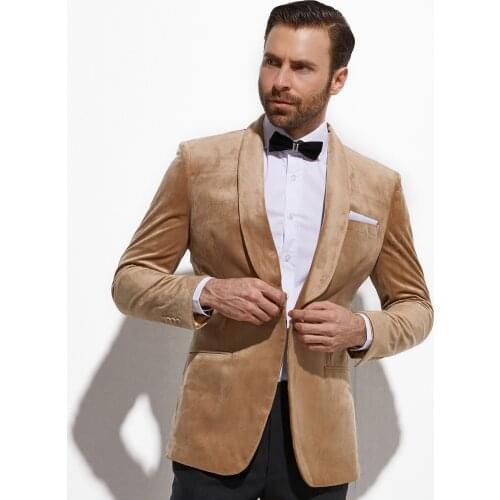 2020 Latest Camel Velvet Tuxedo Jacket Custom Made Slim Fit Golden Color Velvet Blazer Men, Tailored Wedding Velvet Men Blazers