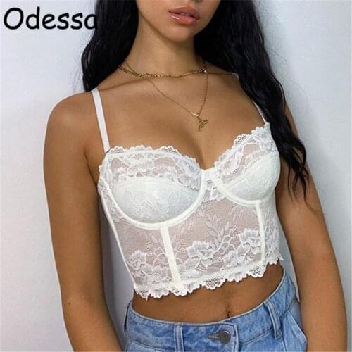 Odessa Fashion Lace Crop Corset Tops Women White V Neck Party Bustier Ladies Black Casual Tank Tops Female Spring Summer 2021