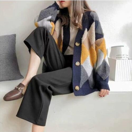 Autumn And Winter Geometric Sweater Womens Coat Lazy Wind Korean Loose Sweet Little Fresh Knitting Cardigan Women Sweater