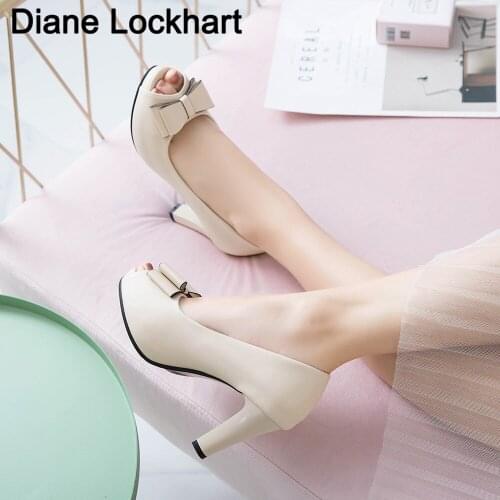 Hot Summer Pumps Womens bow-knot Thick heel Shoes Fight Color Fish Mouth Fine With High Heels 9CM zapatos de mujer Size 32-45