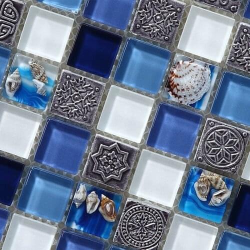 Factory Direct, Mediterranean Grey Seashell Blue White Crystal Glass mosaic for DIY kitchen bathroom shower pool wall floor tile