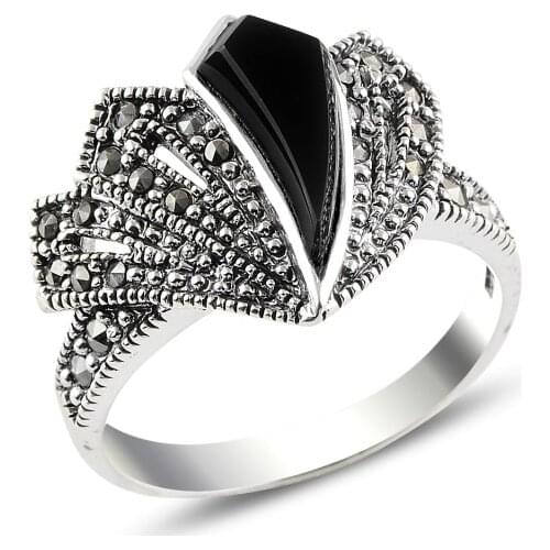 Silver 925 Sterling Onyx & Marcasite Ring