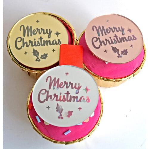10pcs New Gold Merry Christmas Cupcake Topper Dessert Cake Decorations Acrylic Rose Gold Circle Cake Topper for Xmas New Year