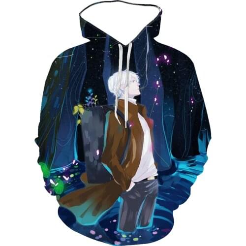 2021 Spring And Autumn Mens 3D Cartoon Anime Mushishi Light Wine Print Pullover Funny Character Korean Loose Hoodie