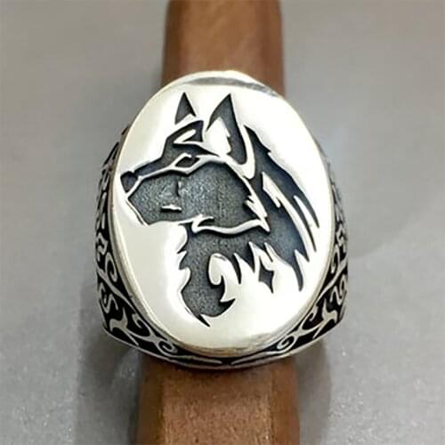 Vintage Mens Ring Silver Color Engraved Domineering Wolf Head Geometric Pattern Copper Ring for Party Jewelry Accessories