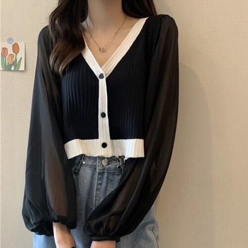 Ropa Mujer Verano 2021New Autumn Korean Fashion V-Neck Kawaii Slim Patchwork Top Shirt White Women Knitting Long Sleeve T-Shirts