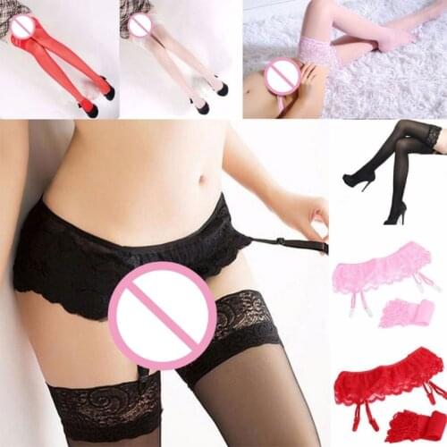 Women Sexy Double Layer Floral Lace Suspender Garter Belt with Lace Top Over Knee Thigh High Stockings Sock Lingerie Set