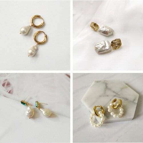 Korea Design Metal Gold Geometric Irregular Circle Square Natural Freshwater Pearl Stud Earrings for Women Girl Gift