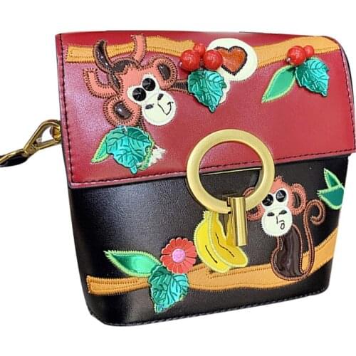 Monkey Banana Women Bags Leather Patchwork Embroidery Cross Body Messenger Bag Girl Shoulder Bags Braccialini Style Art Cartoon