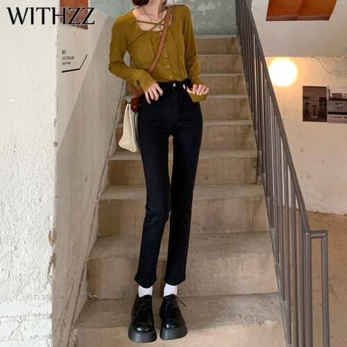 WITHZZ Spring Autumn Female High-waist Black Stretch Denim Skinny Straight Pants Women Jeans