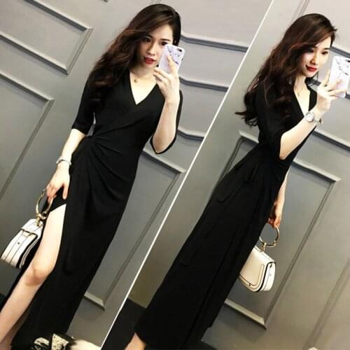 Dresses for Women 2021 SpringSummer Black V-neck Hepburn Long Dress Long Dress for Women Vestido De Mujer Femme Robe