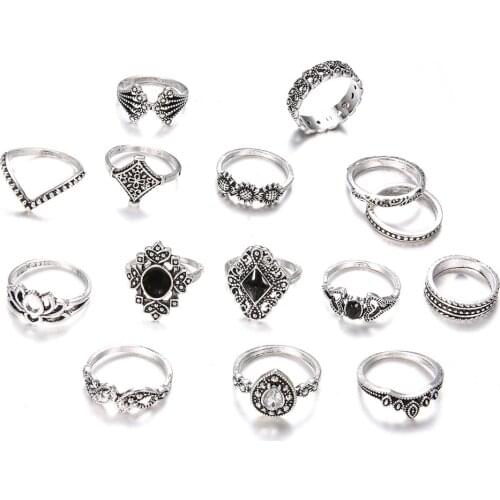 15 Pcs/set Fashion Vintage Ring Set for Women Boho Femme Silver Color Lotus Midi Finger Joint Knuckle Ring Wedding Jewelry Gift