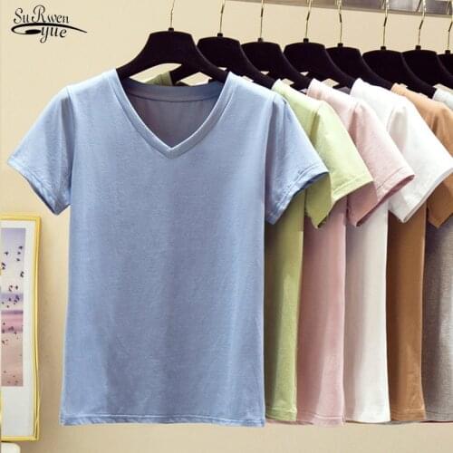2021 Summer Casual Plus Size S-5XL Womens Blouse Korean Style Cotton V Neck Solid Women Shirts fashion Short Sleeve Tops Women