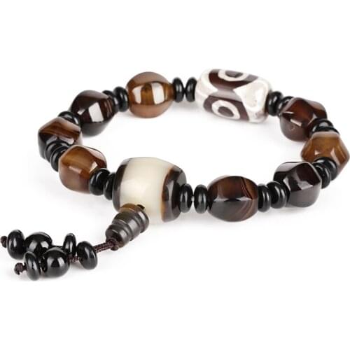 Big tube round beige brown black onyx semi precious stone beads beaded charm tibetan buddhism energy beads bracelet for man