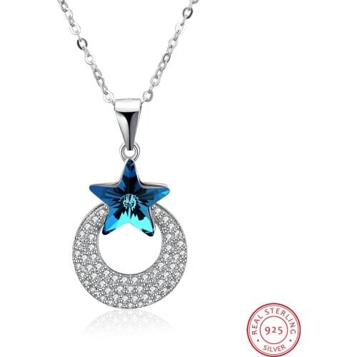 LEKANI Fashion Moon Star Crystals Necklaces Pendants Real 925 Silver Chain Collares For Women Mothers Day Gifts