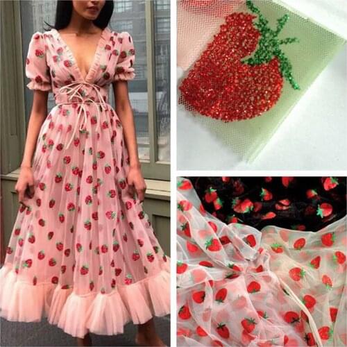 Black Pink Glitter Strawberry Printed Gauze Mesh Fabric Sewing Wedding Dress Girl Tulle Skirt Headdress Hair Acceosrries 0.5M
