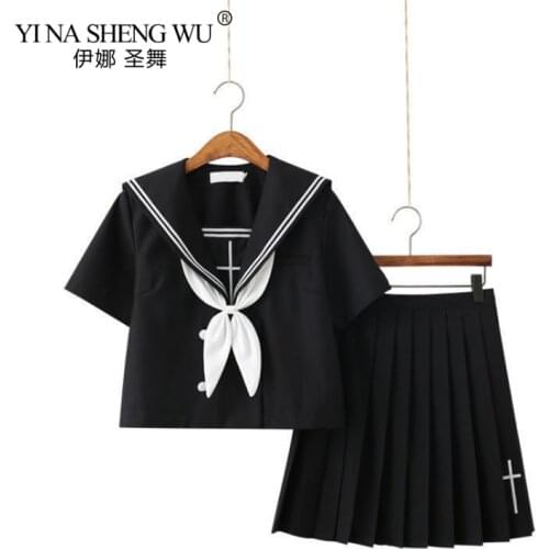 Black Summer Cross Pattern Japanese Navy Sailor Suit Tops Skirts JK High School Uniform Class Cosplay Uniform Students Clothes