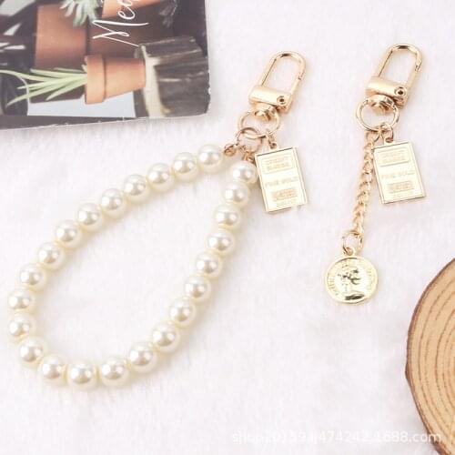 Double-sided Letter Card Pendant Pearl Beaded Mobile Phone Case Chain Coin Bag Pendant Keychain Key Holder Diy Buckle Ring Hook