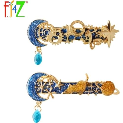F.J4Z New Fashion Hair Jewelry Beautiful Blue Enamel Moon Planet Cat Steam Punk Gear Hair Clips Hair Accessories pinza de pelo