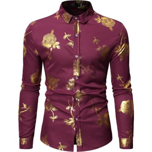 KALENMOS Gold Rose Floral Print Shirts Men Muslim Hip Hop Punk Chemise Lapel Wedding Party Bronzing Camisa Masculina Africa Ropa