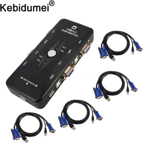 Kebidumei 4 Port USB 2.0 KVM VGA SVGA Switch Hub Box Selector Adapter with 4pcs KVM VGA Cable for PC Keyboard Mouse Monitor
