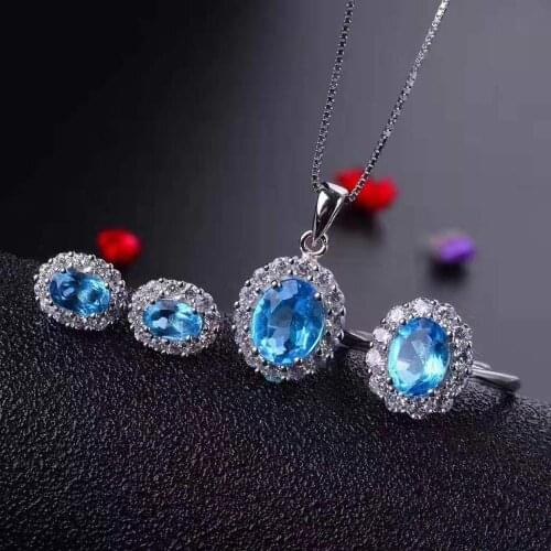 S925 sterling silver inlaid Blue Topaz Pendant Necklace Ring Earring Set luxury jewelry