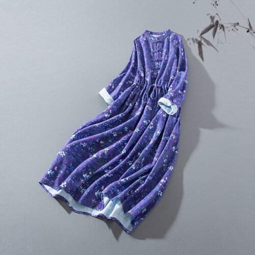 Hemp, flower, tie up, waist closing dress, autumn long sleeve, long gown 2020-04