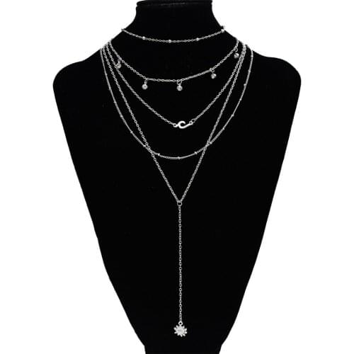 Korean New Fashion Alloy Cartoon Sun Shaped Pendant Necklace Clavicular Chain Multilayer Necklace 5 Layers for Women Gift