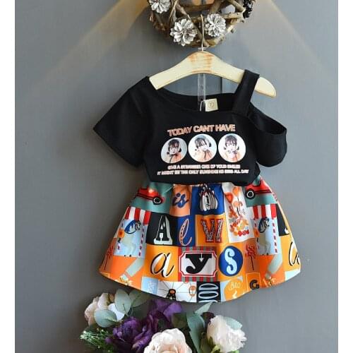 Thunderers Baby Girl Clothes Suit Cute Head Personality T-shirt + Plaid Print Skirt 2pcs New Kid Girls Clothing Girls Summer Set