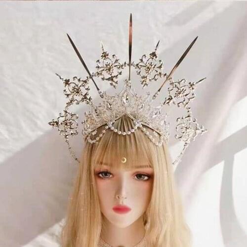 Lolita Vintage Headband Angel Silver Halo Goddess Headpiece Virgin Mary Halo Bride Crown Bead Chain Baroque Tiara Headwear