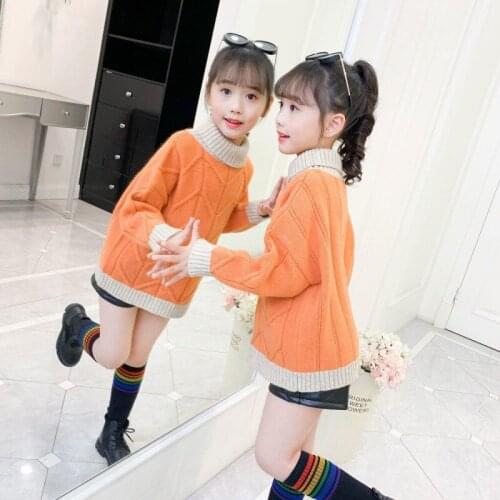 New Spring Winter Girl Casual Sweater Childrens Knitted Kids Turtleneck Warm Long Sleeve Thicken Lining High Quality Plus Velve