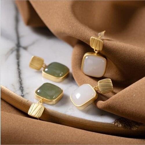 New Silver Natural Hetian Jade Geometric Square Earring Pendant Niche Design Light Luxury Temperament Womens Brand Jewelry