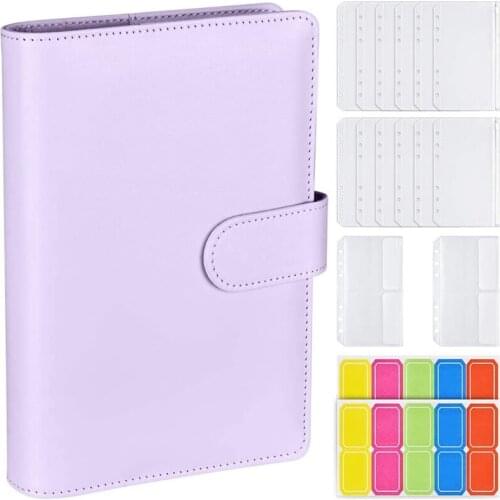 A6 PU Ring Binder,6 Round Rings Notebook Binder 14Pcs Plastic Zippered Envelopes Pockets,with Label Stickers
