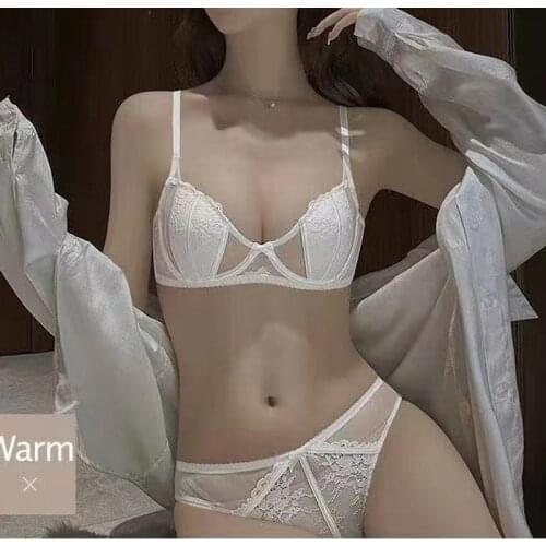 Wriufred Sexy lace transparent temptation bra briefs set breathable and refreshing ladies underwear set bralette women