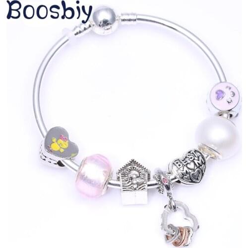 Silver Plated Charm Bracelet & Bangle With Heart Charm Pendant for Women Wedding Romantic Jewelry Gift