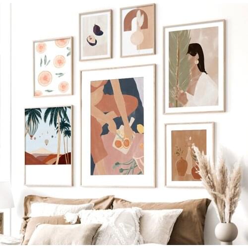 Self-adhesive Wall Sticker Orange Coconut Woman Vase Wallpapers Wall Art Painting Nordic Poster Prints Wall Pictures Room Decor